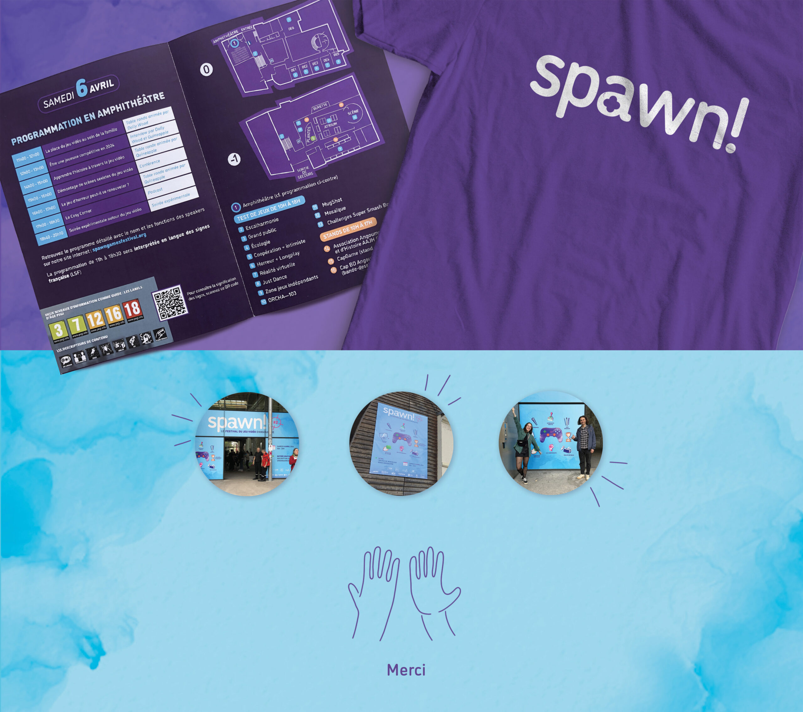 Dépliant, t-shirt et vitrophanie du festival Spawn! 2024, festival du jeux vidéo d'Angoulême