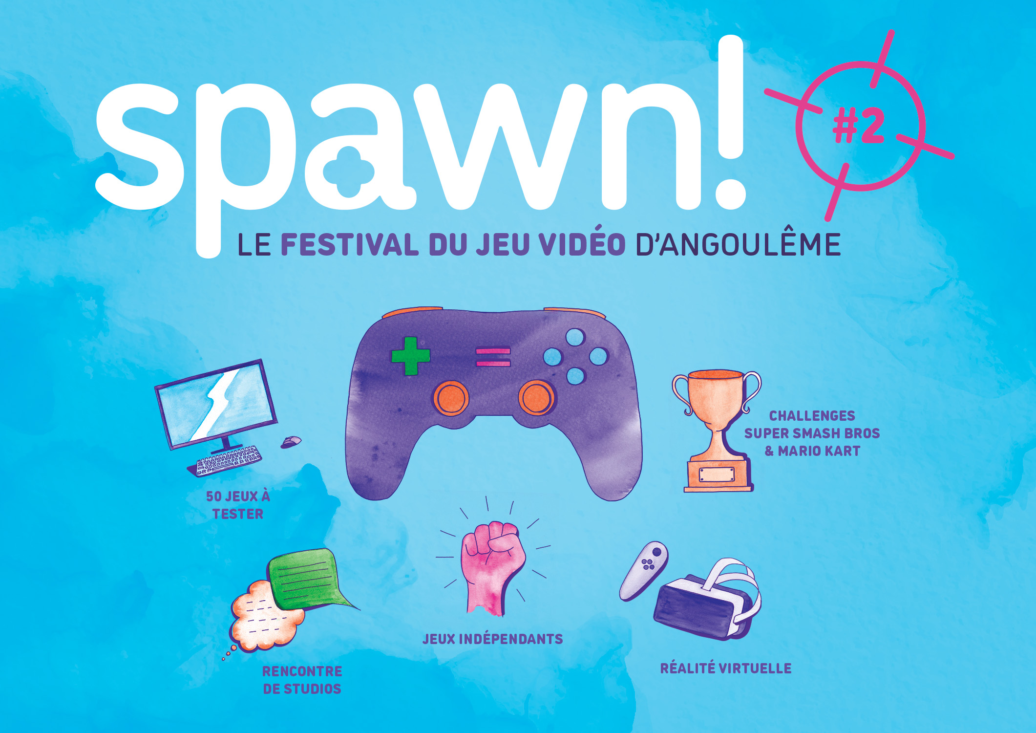 Affiche du festival Spawn! 2024, festival du jeu vidéo d'Angoulême créé à partir de l'identité visuelle du festival.
